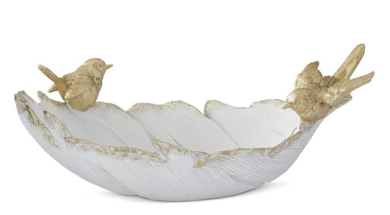White & Gold Feather Dish w/Birds