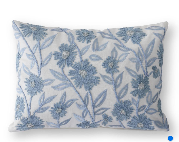 Lumbar White Linen & Blue Embroidered Floral Pillow with Tassels