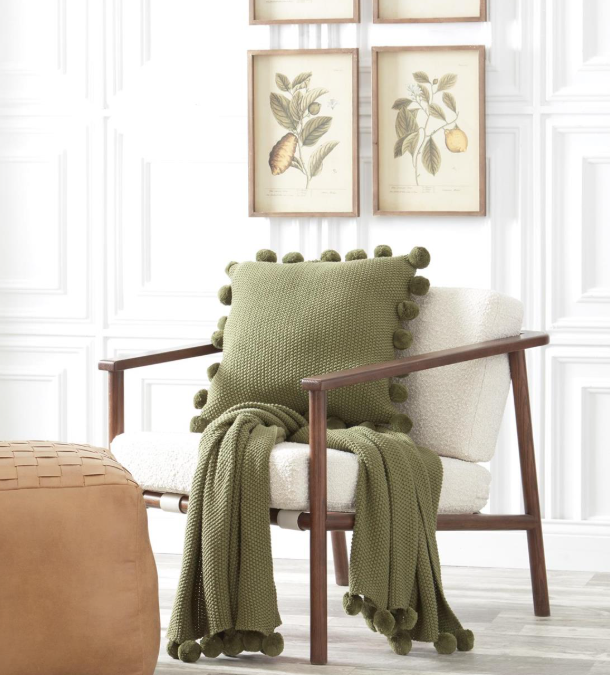 Sage Green Moss Stitch Knit Pillow with Pom Pom Trim