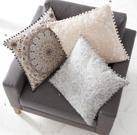 Blue Gray Crest Embroidered Pillow with Pom Pom Trim