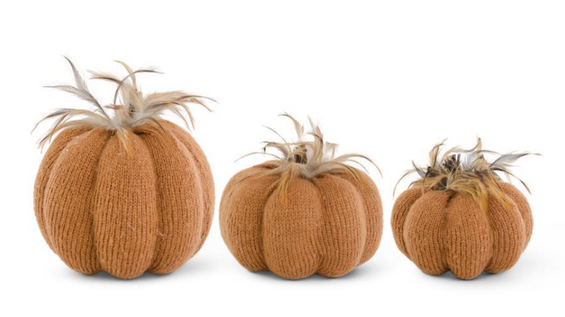 ORANGE KNIT PUMPKINS W/WOOD STEM & FEATHERS - 4 Options