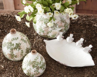 Green & Cream w/Brown Crackled Ceramic Chinoiserie Vases