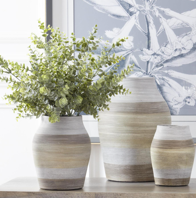 Brown Grey and Green Striped Terracotta Vases