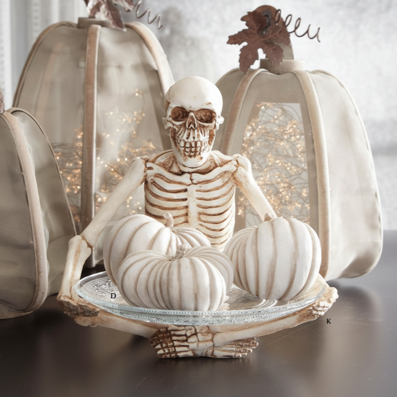 Decorative skeleton figure sitting on pumpkins inside a glass dome with LED lights.