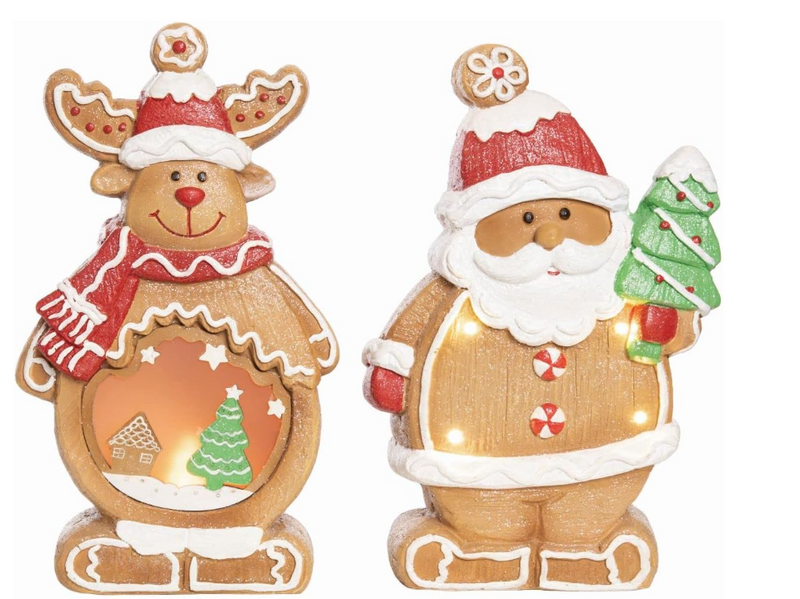 Two gingerbread-themed figurines, one resembling a reindeer and the other Santa Claus, on a white background.