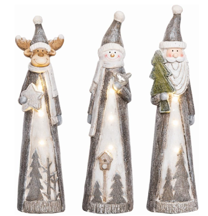 Three decorative figures resembling Santa Claus, a reindeer, and a snowman with LED lights on a white background.