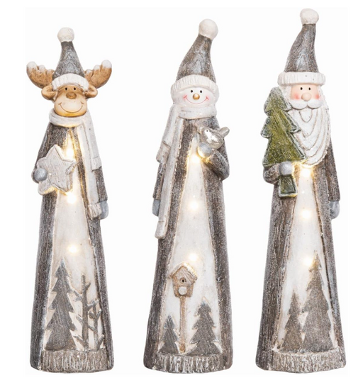 Three decorative figures resembling Santa Claus, a reindeer, and a snowman with LED lights on a white background.