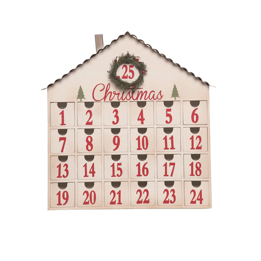 Christmas advent calendar with house design and red numbers on a white background