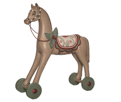 Decorative horse toy with wheels on a white background