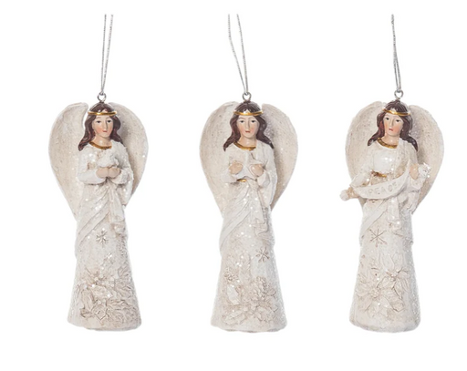 Three angel ornaments with detailed clothing and wings on a white background