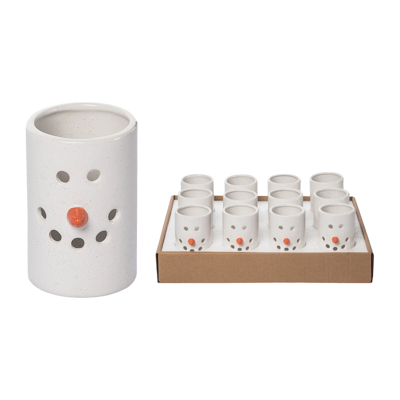 White snowman-shaped candle holder with small white cups in a cardboard box on a white background