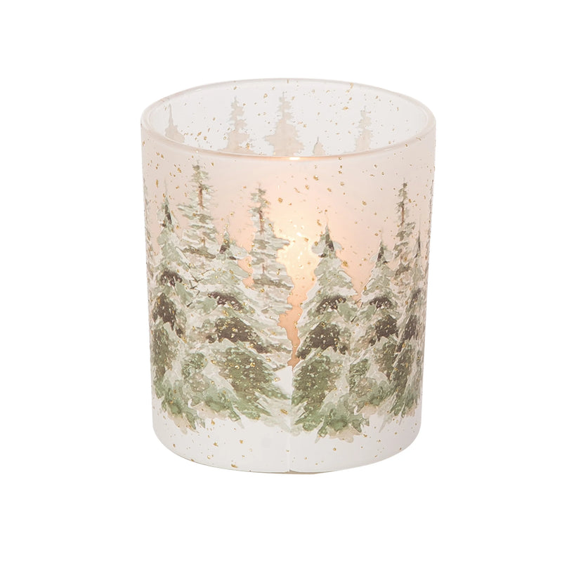 Candle holder with winter forest design on a white background