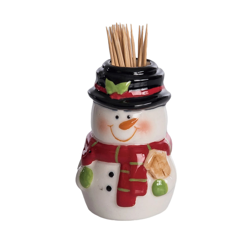 Snowman-themed toothpick holder with a white background