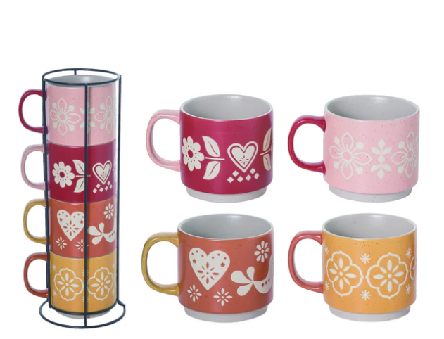 Stoneware Wax Resist Stacked Mugs - 2 Styles