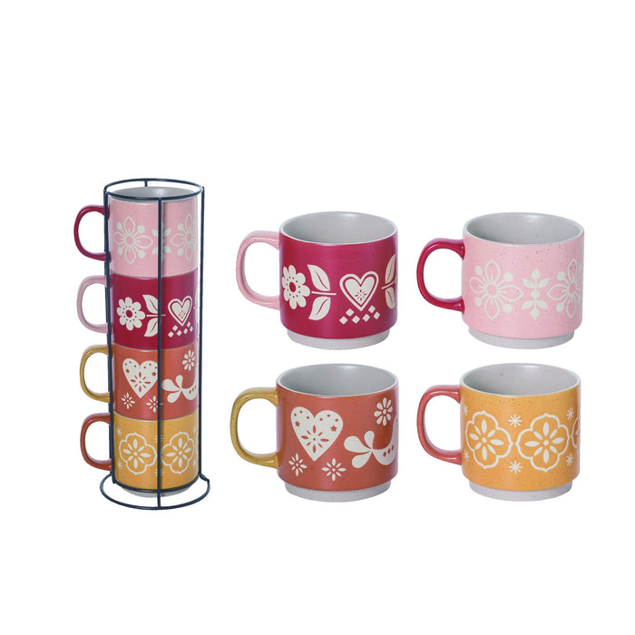 Pink and Red Stacked Mugs and Rack