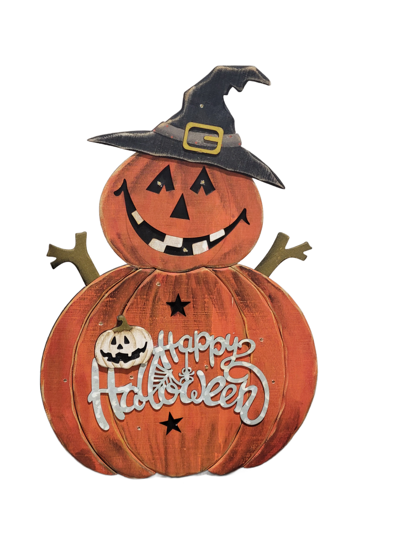 Wooden pumpkin decoration with a witch hat and 'Happy Halloween' text on a clear background