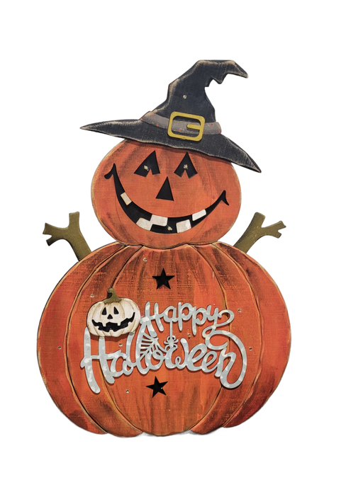 Wooden pumpkin decoration with a witch hat and 'Happy Halloween' text on a clear background
