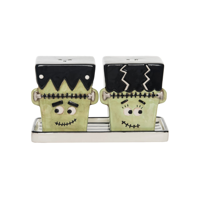 Frankenstein & Bride Salt & Pepper Shakers with plate