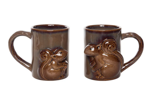 Two brown ceramic mugs with squirrel designs on a white background