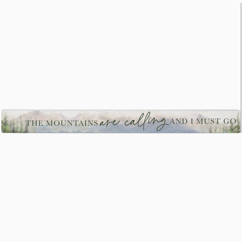 Decorative strip with mountain landscape and text 'The Mountains are calling and I must go' on a white background.