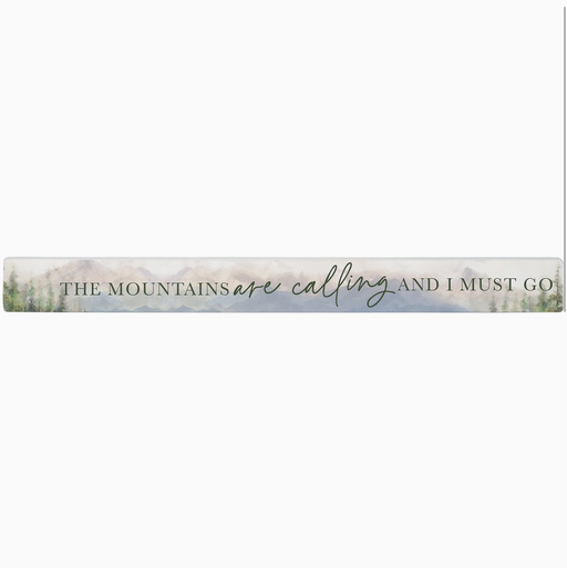 Decorative strip with mountain landscape and text 'The Mountains are calling and I must go' on a white background.