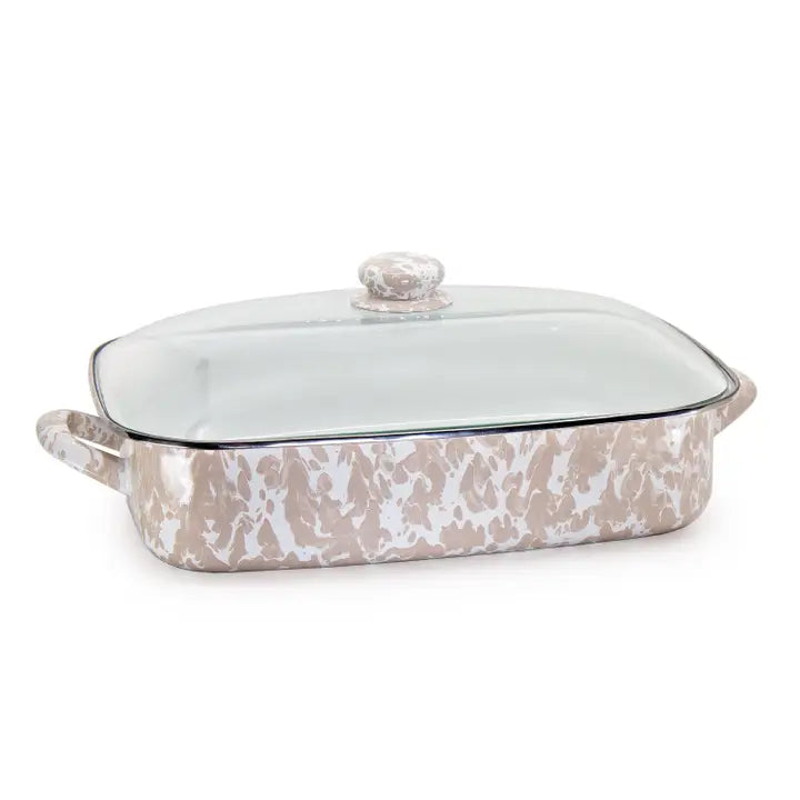 Rectangular ceramic baking dish with marble pattern on a white background
