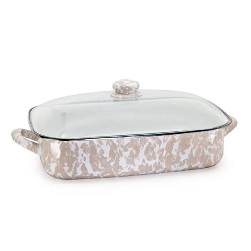 Rectangular ceramic baking dish with marble pattern on a white background