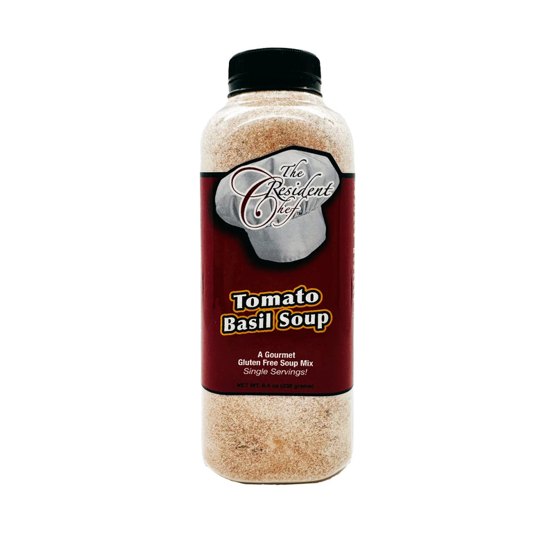 Bottle of Tomato Basil Soup mix with a label on a white background