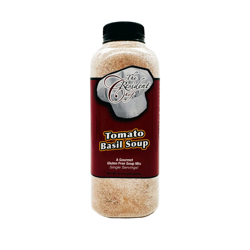 Bottle of Tomato Basil Soup mix with a label on a white background