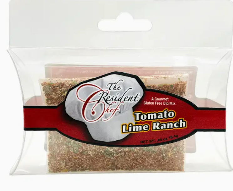 Packaged Tomato Lime Ranch seasoning mix with 'The Resident Chef' label.