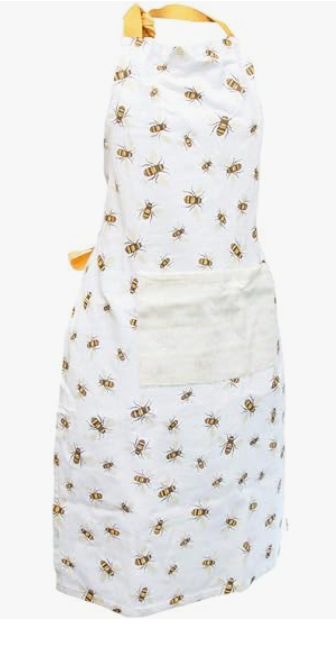 White apron with bee pattern on a white background