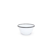 A black rimmed white enamel bowl.