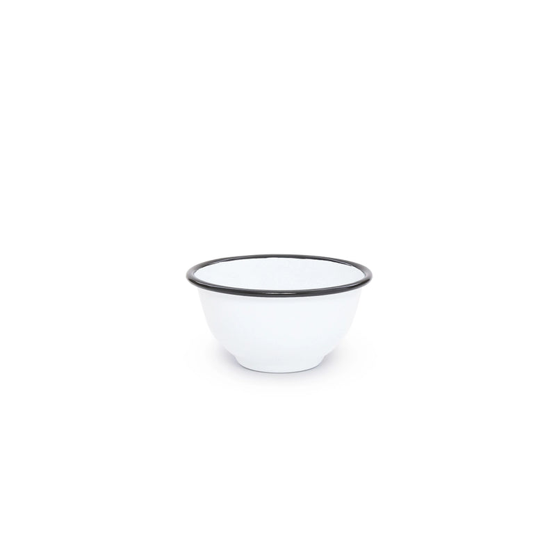 A black rimmed white enamel bowl.