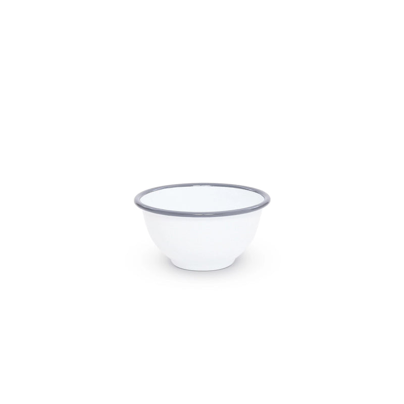 A grey rimmed white enamel bowl.