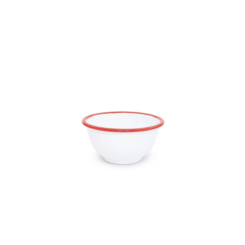 White bowl with red rim on a white background