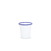 White cup with a blue rim on a white background