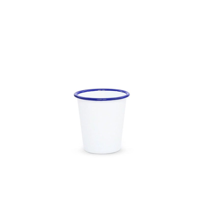 White cup with a blue rim on a white background