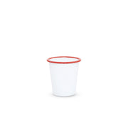 White cup with red rim on a white background