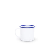 White mug with a blue rim on a white background