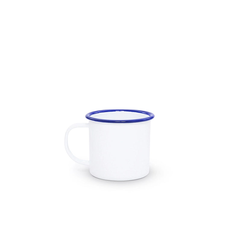 White mug with a blue rim on a white background