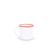 White mug with a red rim on a white background