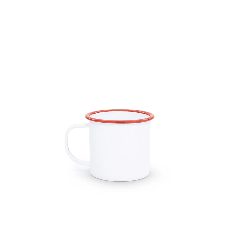 White mug with a red rim on a white background