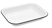 A small black and white pattern roasting pan.