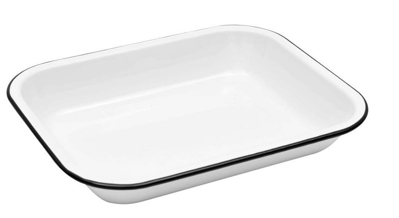 A small black and white pattern roasting pan.