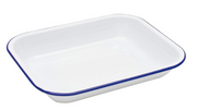 A small blue and white pattern roasting pan.