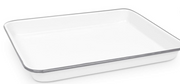 A small grey and white pattern roasting pan.