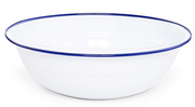 A medium-sized round enamel basin with a blue and white marbled pattern.