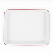 A red and white speckled enamel roasting pan.