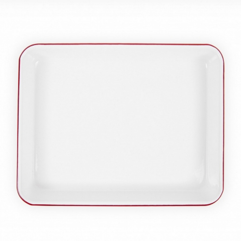 A red and white speckled enamel roasting pan.