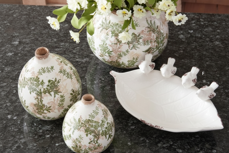 Decorative vases and a leaf birdbath on a textured surface with flowers in the background